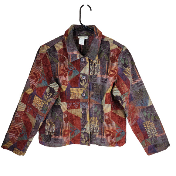 Coldwater‎ Creek Blazer Jacket M Women Tapestry Fall Orange Blue Purple Leaf USA - Picture 1 of 11